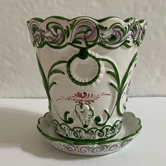Vintage RCCL Portugal Hand Painted Floral Ceramic Green On White Flower Pot - Picture 4 of 13